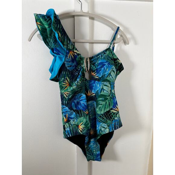 Tropical One-Shoulder Cutout Swimsuit – Palm Leaf Print with Ruffle Strap M - Picture 5 of 13